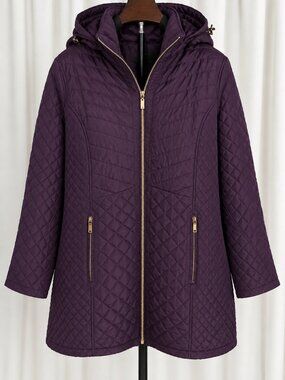 G Gallery New York 2X Blackberry Purple Quilted Hooded Coat Gold Zip Plus Size